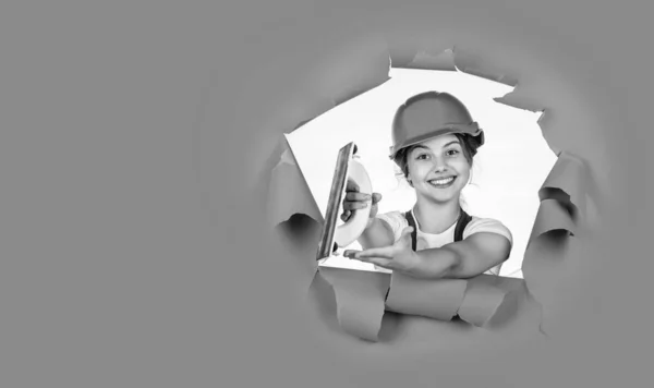 Cheerful Child Laborer Using Building Uniform Tool Copy Space Work — Stock Photo, Image