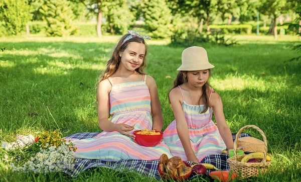 Heureux Les Petits Enfants Apprécient Repas Pique Nique Sur Herbe — Photo