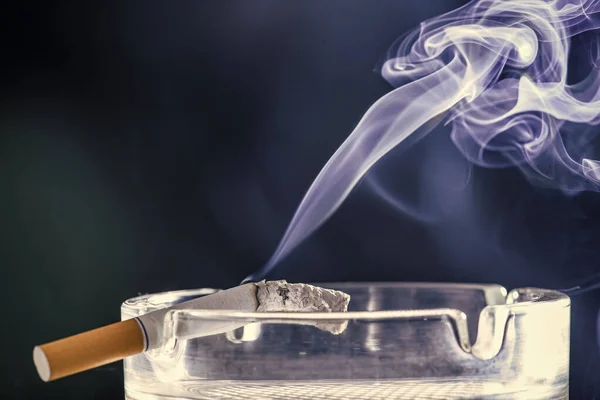 烟草还是健康 在玻璃烟灰缸中焚烧香烟 烟灰缸里的香烟冒出的烟 坏习惯 尼古丁上瘾 复制空间 — 图库照片
