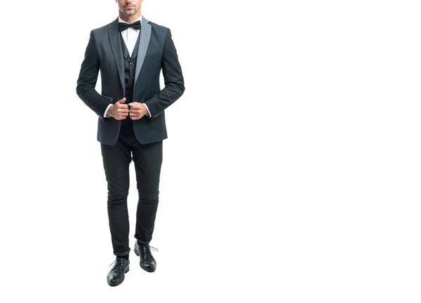 Formal Man Tuxedo Bowtie Isolated White Background Full Length — Stock Photo, Image