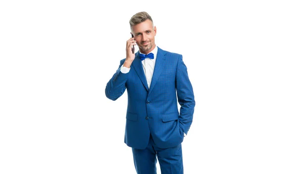 Hombre Azul Pajarita Traje Hablar Teléfono Aislado Blanco —  Fotos de Stock