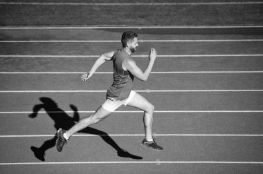 Atletik kaslı erkek, açık stadyumdaki hipodromda koşuyor..