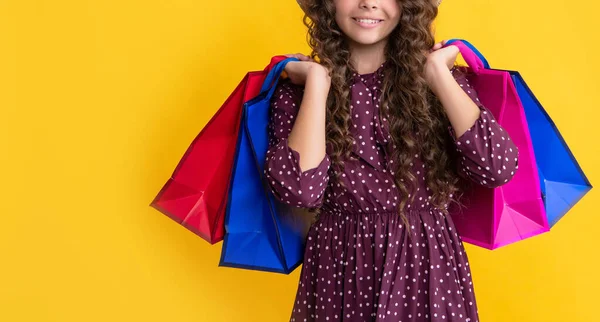 Smile Girl Curly Hair Hold Shopping Bags Yellow Background — Stock Photo, Image