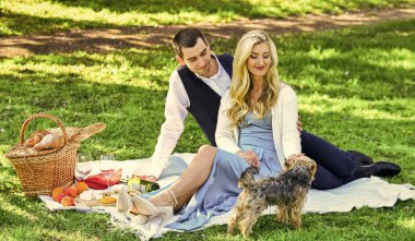 Battaniyenin üstünde tatlı bir çift. kamp konsepti. Aşık mutlu bir çift. Kadın ve erkek parkta uzanıp günün tadını çıkarıyorlar. Sevgililer günü pikniği. Köpekle parkta romantik bir piknik..