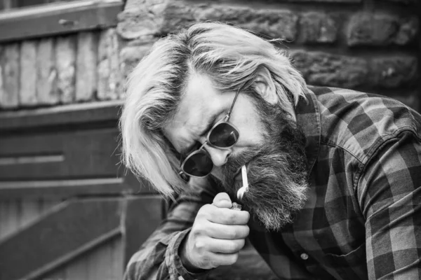 Need Quit Smoking Heavy Smoker Bearded Man Glasses Relax Cigarette — Stock Photo, Image