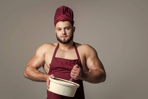 Sexy Chef Apron Muscular Man Cooking Healthy Food Dieting Natural — Stock Photo, Image