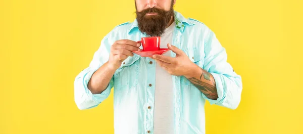 Hipster Cortado Com Barba Segurar Xícara Café Fundo Amarelo Manhã — Fotografia de Stock