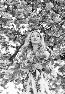 Mutlu bir anı yakalıyorum. Parkta bahar doğası çiçek açar. Retro kadın sakura çiçeği kokusu alıyor. Kaplıca ve güzellik tedavisi. yumuşak cilt bakımı. Kiraz ağacı bahçesinde sağlıklı bir kız. Klasik yaz modası..