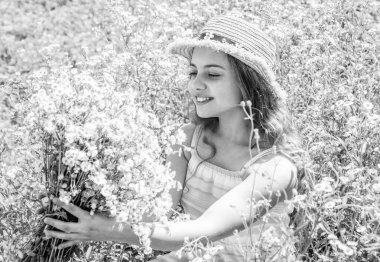 Çiçek toplayan bir kız güneşli bir yaz günü, eko konsepti..