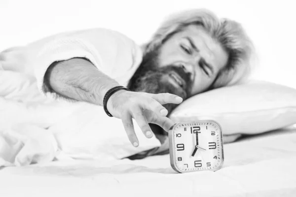 Horario Llegar Cama Tiempo Levántate Ahora Mismo Hombre Estresado Despertador —  Fotos de Stock