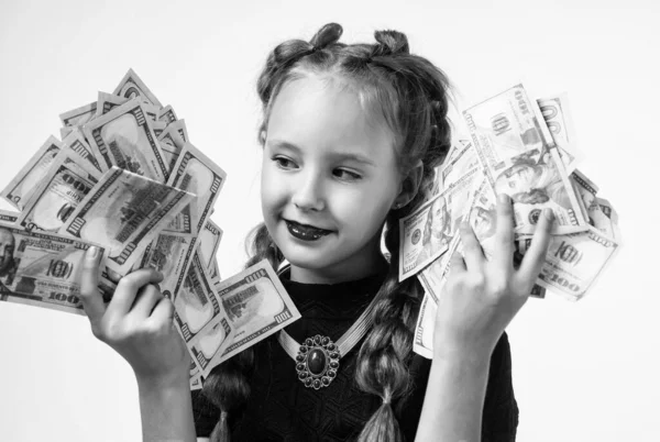 Stylowe Dziecko Wyglądem Retro Pieniądze Gotówce Dolar Walizce Izolowane Białych — Zdjęcie stockowe
