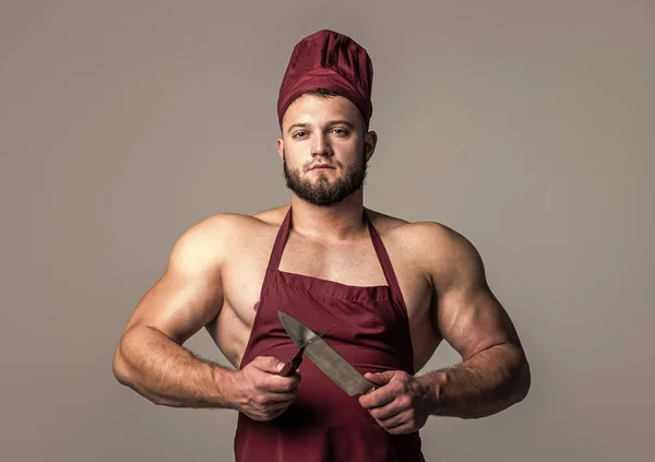 Muscular Man Butcher Chef Apron Hold Knife Kitchen Utensil Cooking — Stock Photo, Image