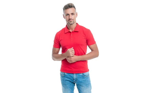 Erwachsener Mann Mit Graumelierten Haaren Rotem Hemd Auf Weißem Hintergrund — Stockfoto