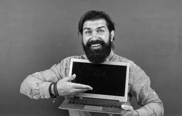 Alegre Hombre Exitoso Seguro Mismo Con Barba Trabajando Ordenador Portátil — Foto de Stock