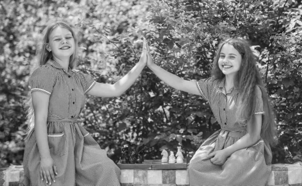 Duas Raparigas Adolescentes Jogar Xadrez Desenvolvimento Infantil Amizade Irmandade Melhores — Fotografia de Stock