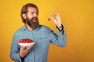 Yaz hasadı. meyve ve vitamin dolu. Sağlıklı yemek ve yemek. Diyet konsepti. Kırmızı böğürtlen kaseli, olgun, vahşi hippi. Doğal ve organik. Kirazlı mutlu sakallı adam. Sihirli bakış.