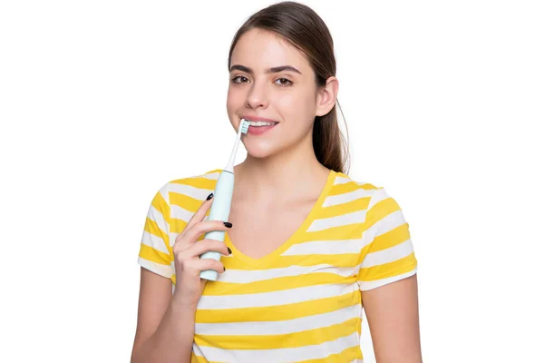 Menina Feliz Com Escova Dentes Isolada Fundo Branco — Fotografia de Stock
