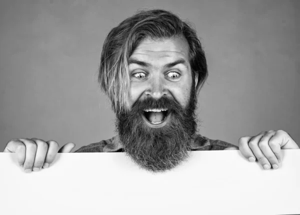 Happy Bearded Brutal Man Moustache Hold Paper Shit Copy Space — Fotografia de Stock