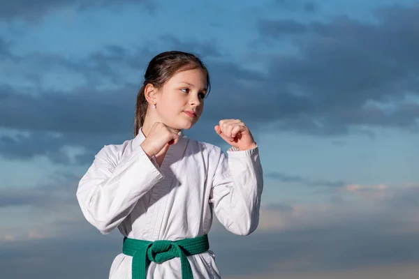 Judo Girl Kimono Sky Background — Stock Photo, Image