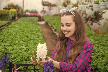 Eski tarz. Bahar ve yaz. Saksı bitkileri ekiyorum. Çocuk bahçıvanı. Bahçedeki çiçekler. Günlük ev işleri. Çiçek bakımı. Bahçecilik. Çocuklar için bahçe işleri. Seradaki mutlu genç kız çiçekçi..