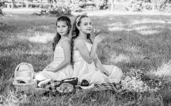 Los Bebés Pequeños Comen Comida Picnic Hierba Verde Soleado Paisaje —  Fotos de Stock