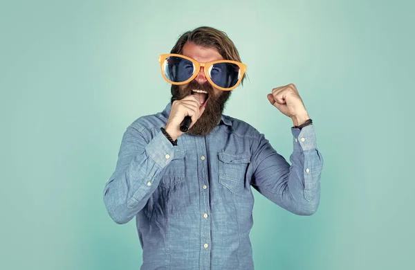 Funny Bearded Brutal Man Moustache Wear Party Glasses Sing Song — Stock Photo, Image