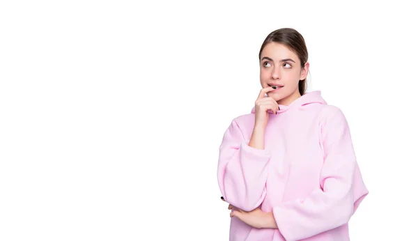 Pondering Young Girl Pink Hoodie Isolated White Background — Stock Photo, Image