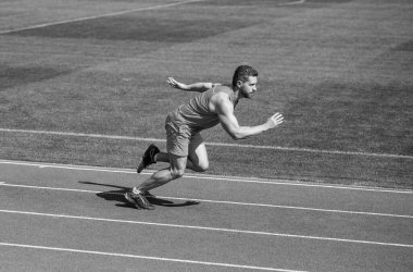 Finişte koşucu. Sporcu, stadyumda yarışmaya hazır ol. Yeni başlayanlar için ipuçları. Erkek sporcu stadyum pistinde düşük başlangıç pozisyonunda duruyor. Yeni yaşam tarzının başlangıcı..
