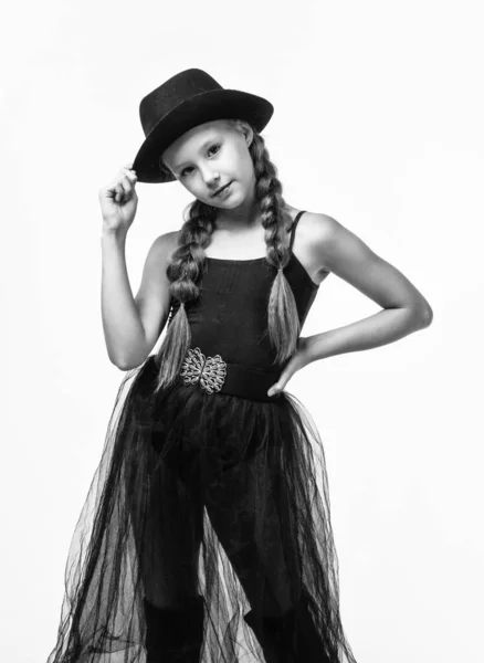 Kind Vintage Mode Stijl Kind Zwarte Stijlvolle Hoed Geïsoleerd Witte — Stockfoto