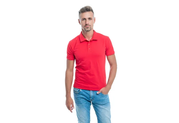 Handsome Man Grizzled Hair Red Shirt Standing Isolated White Background — Stockfoto