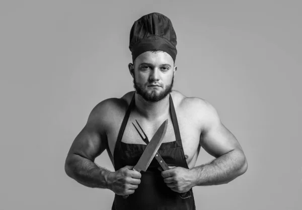 Athletischer Typ Mit Starken Muskeln Kochschürze Kochen Von Lebensmitteln Metzgerei — Stockfoto