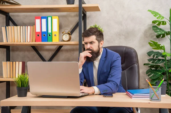 집중하고 사무실 변호사 변호사는 노트북으로 일해요 사무소 사무실에서 근무하는 — 스톡 사진
