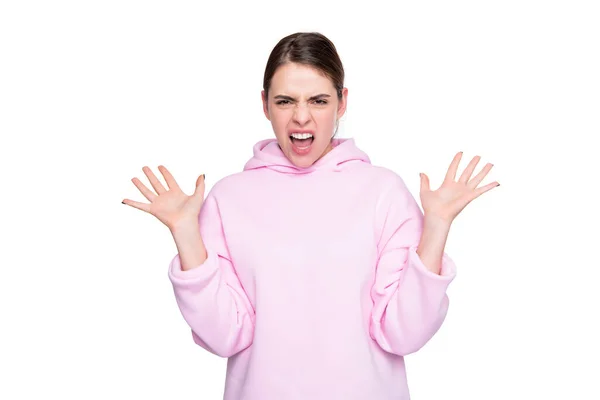 Angry Young Girl Pink Hoodie Isolated White Background — Stock Photo, Image