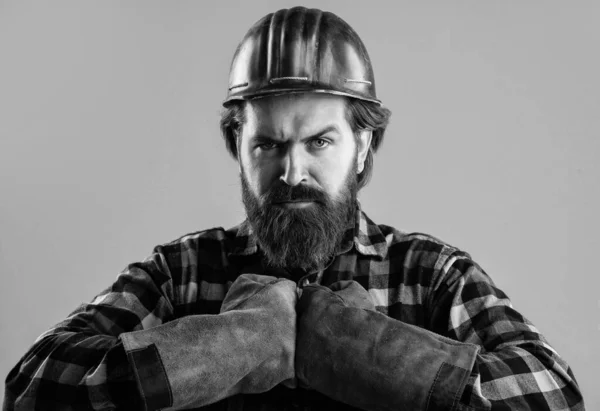 Reparador Uniforme Construtor Homens Com Barba Bigode Capataz Uniforme Bonito — Fotografia de Stock