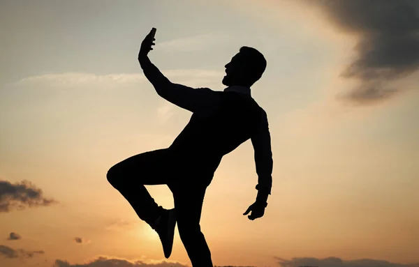 Silhouette Guy Making Selfie Phone Make Step Sense Freedom Sunrise — Photo