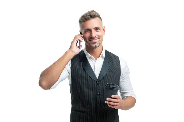 Ευτυχής Διευθυντής Μιλάει Στο Κινητό Τηλέφωνο Κατά Διάρκεια Διάλειμμα Καφέ — Φωτογραφία Αρχείου