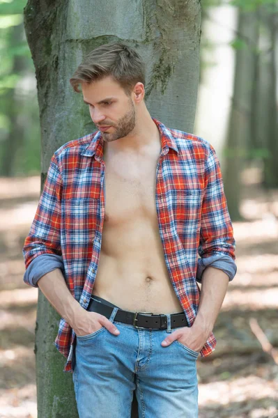 Unshaven Caucasian男とともにLumbersexルックスでUnbuttoned Lumberjackシャツ立っている木の森の背景 — ストック写真