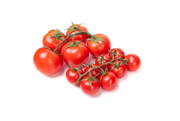 Aglomerados Tomate Cereja Vermelho Fresco Tamanho Diferente Isolados Branco — Fotografia de Stock