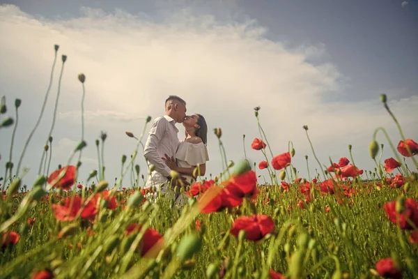 love and romance. opium. bride and groom on spring wedding. lovers in flower field. couple in love. man and woman in poppy field. summer flower meadow. romantic couple among poppies. copy space.