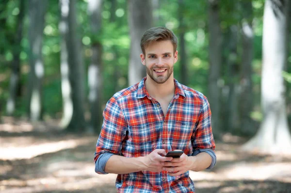 Young Handsome Man Checkered Shirt Chatting Phone Outdoor — Stock Photo, Image