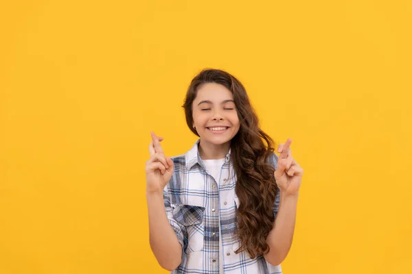 Hoping Teen Child Checkered Shirt Long Curly Hair Yellow Background — Stock Photo, Image