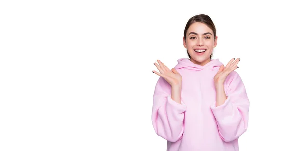 Happy Young Girl Pink Hoodie Isolated White Background — ストック写真