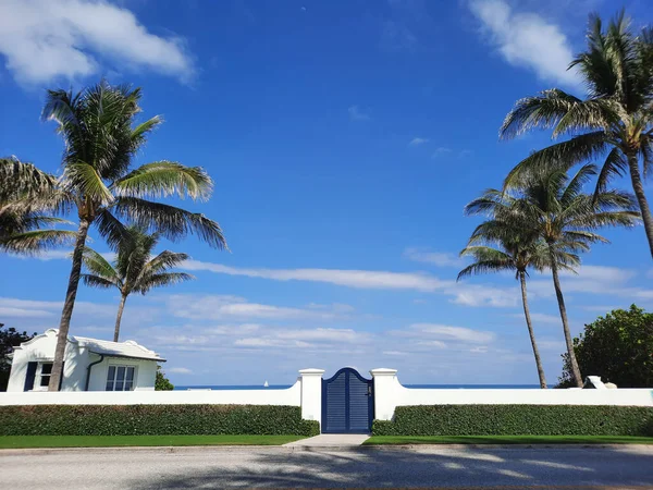 Portail Bleu Sur Clôture Blanche Structure Haie Entourant Villa Balnéaire — Photo