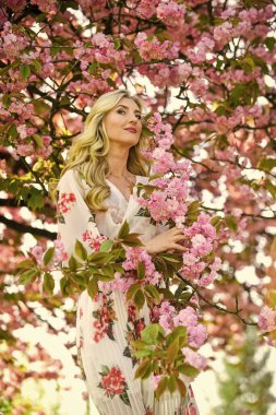 Uyum ve kadın enerjisi. Kiraz ağacı. İyi titreşimler. Çiçek aroması. Bahar çiçeği açan ağaç. Bahar sembolü Kız bahçedeki sakuranın tadını çıkarıyor. Çiçeklerin kadınları neden her zaman mutlu ettiğini. Mutlu bahar günleri..