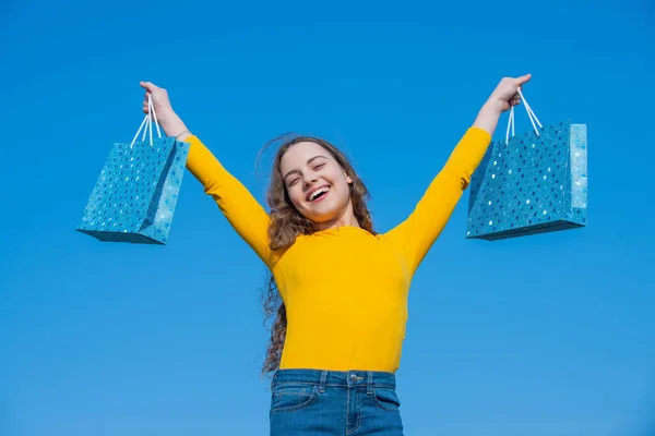 Positive Teen Girl Shopping Bags Blue Yellow — Foto Stock