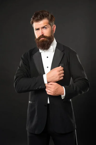 Bearded Bridegroom Tuxedo Black Background Suit — Fotografia de Stock