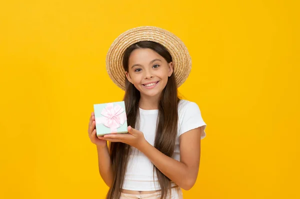 Smiling Teen Child Hold Present Box Yellow Background — Fotografia de Stock