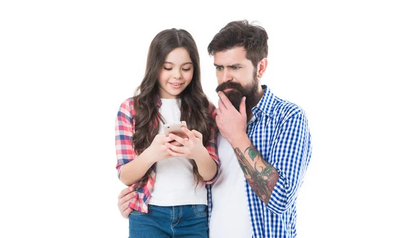 Family Serious Bearded Man Girl Child Text Message Mobile Phone — Fotografia de Stock