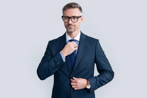Smiling Mature Businessman Businesslike Suit Glasses — Stock Photo, Image