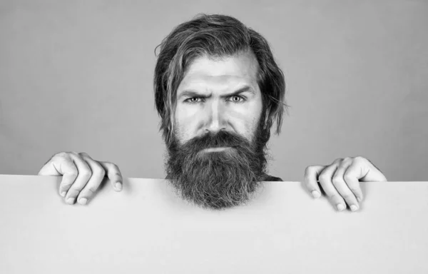 Serious Bearded Brutal Man Moustache Hold Paper Shit Copy Space — Fotografia de Stock